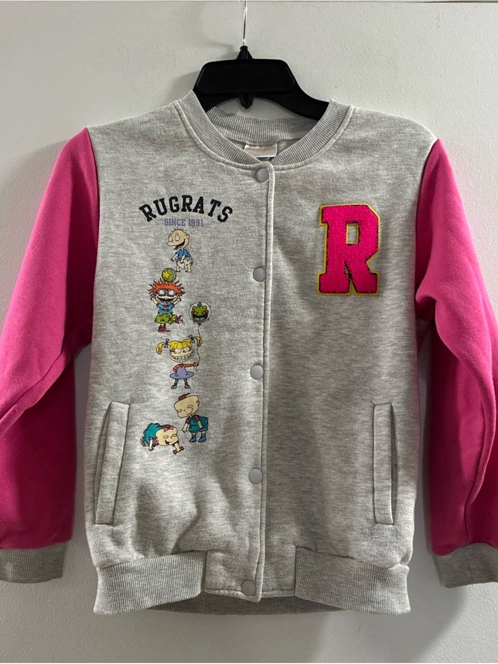 Nickelodeon Rugrats Gray & Hot Pink Sz M 10/12 Snap On Varsity Jacket